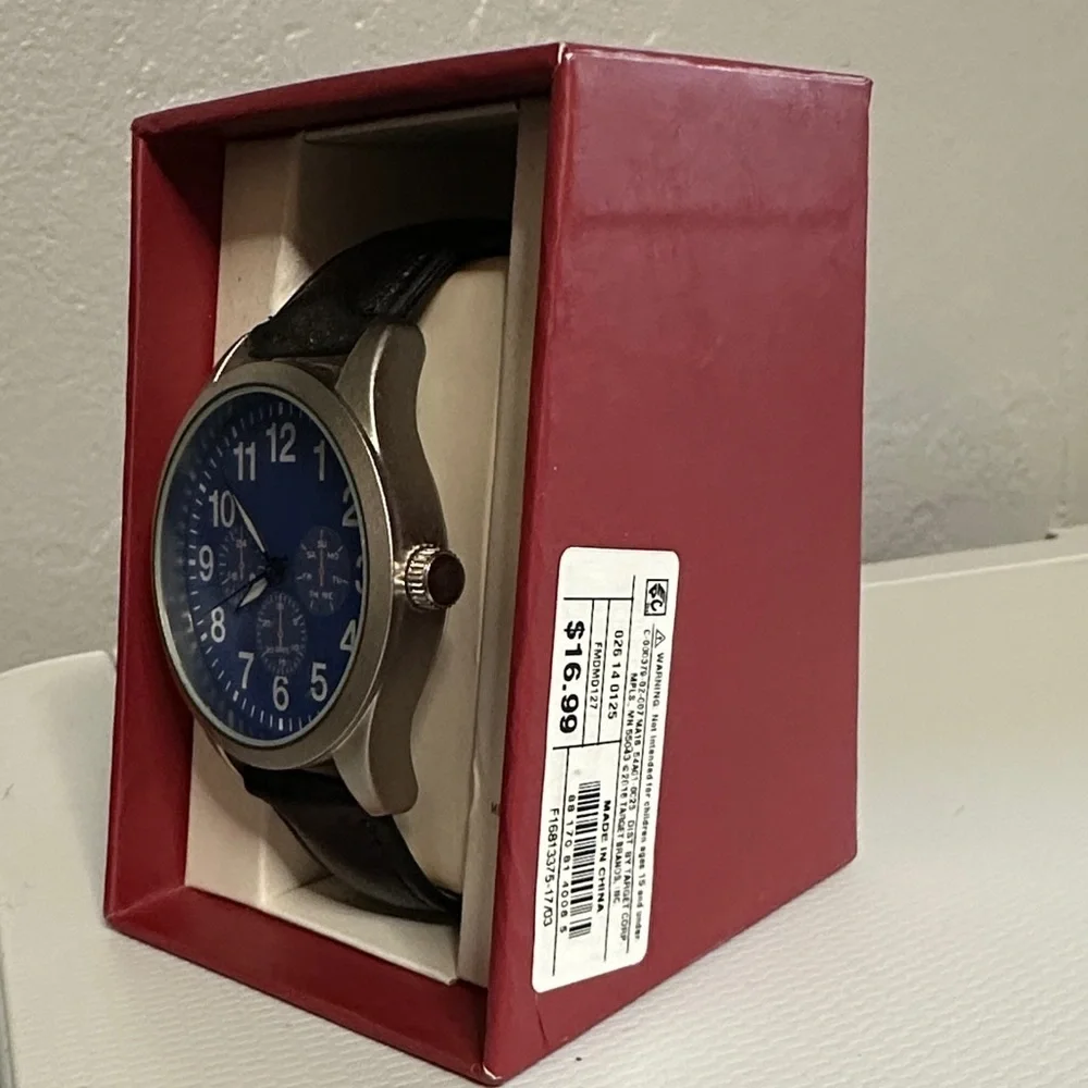 Men's Silver and Blue Watch with Black faux Leather Band
